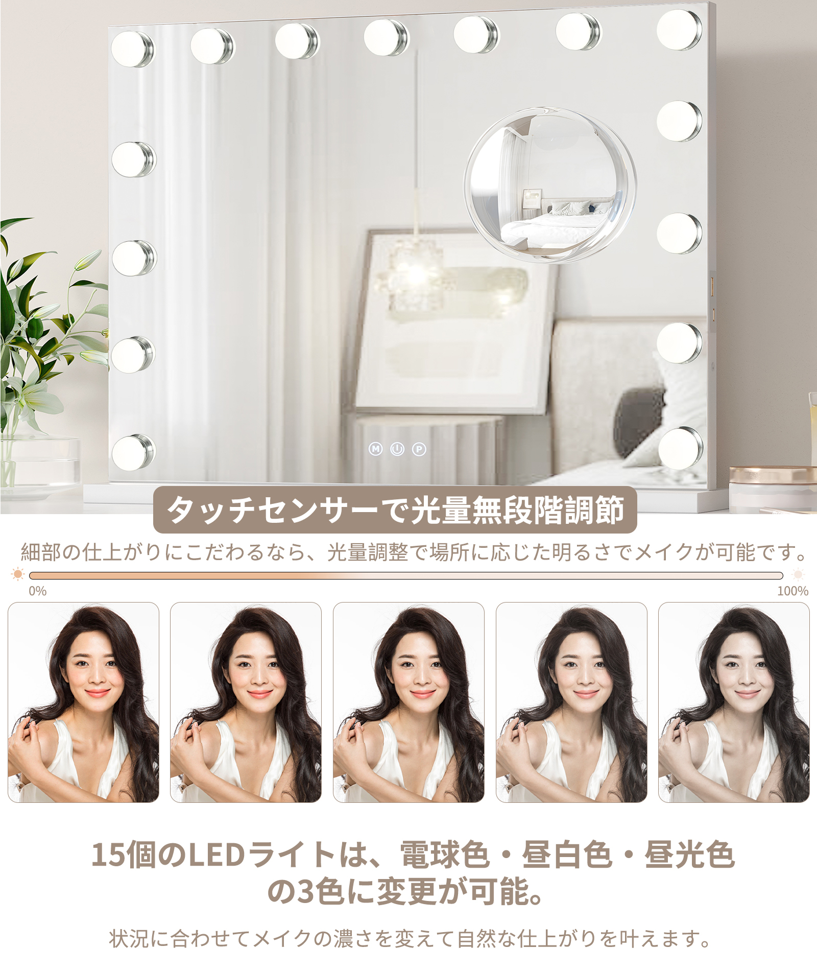 GarveeLife 女優ミラー ライト付き 58*46cm ハリウッドミラー おしゃれ 10倍拡大鏡付き USB 壁掛け/卓上両用 調光調色 - 画像 (4)