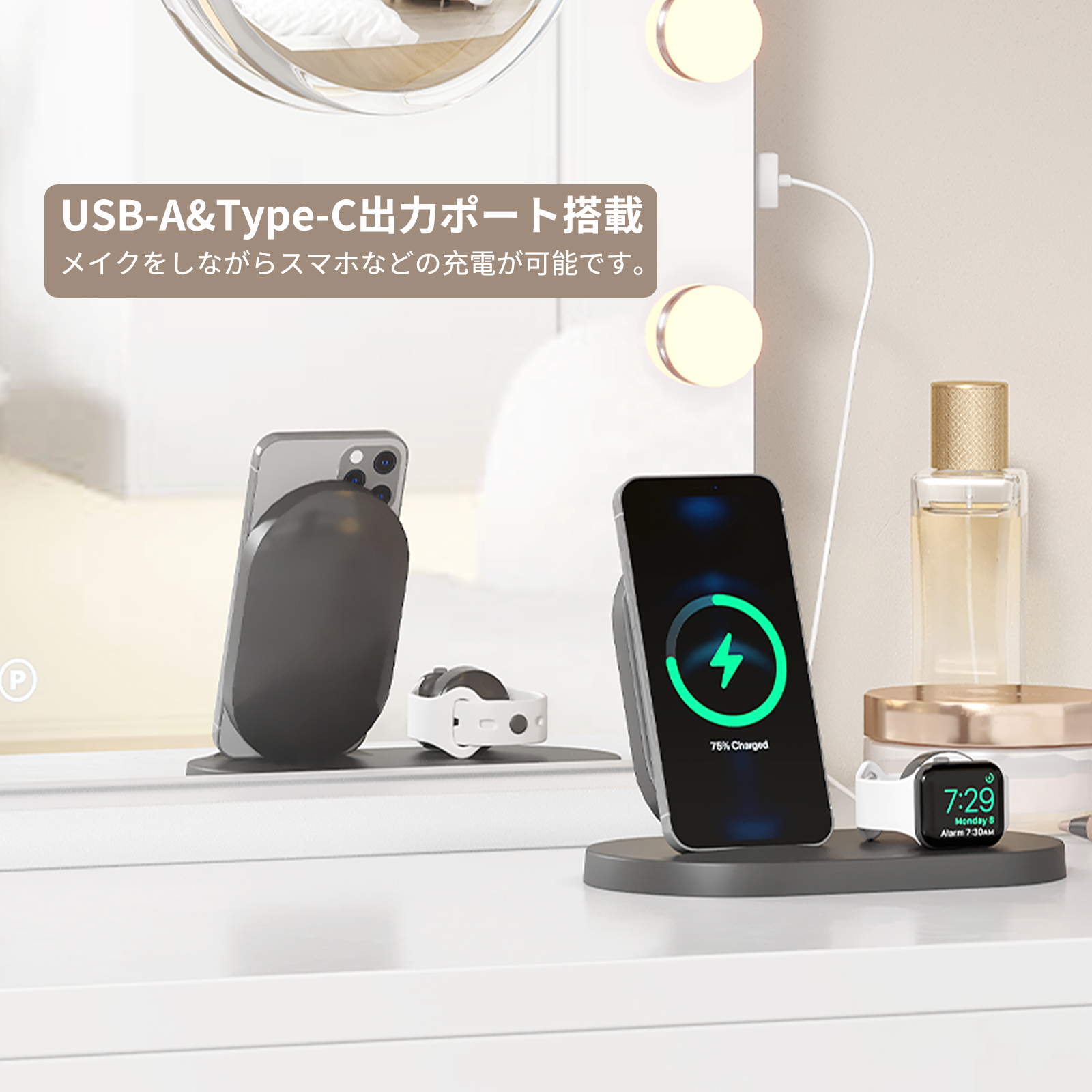 GarveeLife 女優ミラー ライト付き 58*46cm ハリウッドミラー おしゃれ 10倍拡大鏡付き USB 壁掛け/卓上両用 調光調色 - 画像 (5)