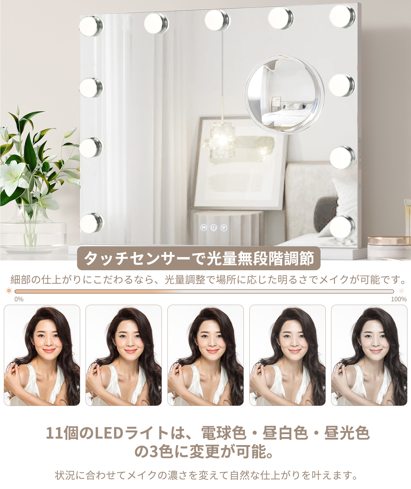 GarveeLife 女優ミラー ライト付き 50*40cm ハリウッドミラー おしゃれ 10倍拡大鏡付き USB 壁掛け/卓上両用 調光調色 - 画像 (4)
