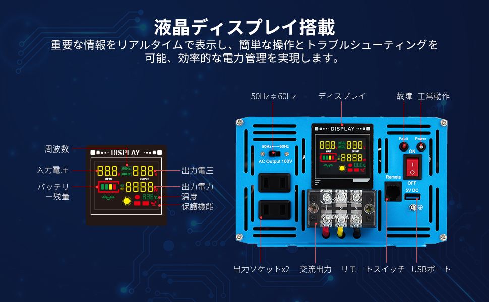 インバーター 正弦波 DC12V AC100V 2000W 最大4000W DC AC 直流 交流 変換 リモコン機能付き 遠隔操作 50HZ/60HZ スマホ充電 LCDモニター 過電圧 過負荷保護 AC変換器 - 画像 (4)