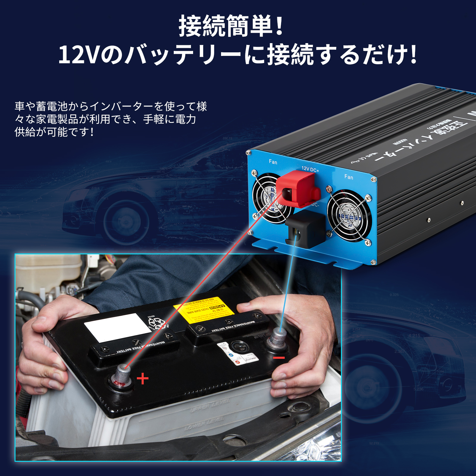 インバーター 正弦波 DC12V AC100V 2000W 最大4000W DC AC 直流 交流 変換 リモコン機能付き 遠隔操作 50HZ/60HZ スマホ充電 LCDモニター 過電圧 過負荷保護 AC変換器 - 画像 (8)