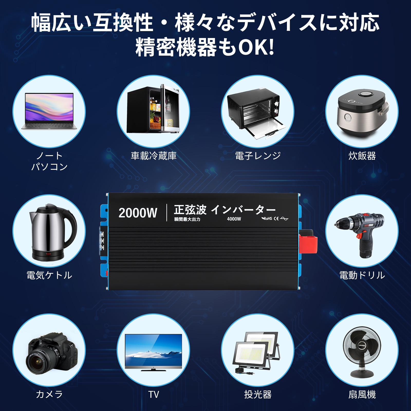 インバーター 正弦波 DC12V AC100V 2000W 最大4000W DC AC 直流 交流 変換 リモコン機能付き 遠隔操作 50HZ/60HZ スマホ充電 LCDモニター 過電圧 過負荷保護 AC変換器 - 画像 (15)