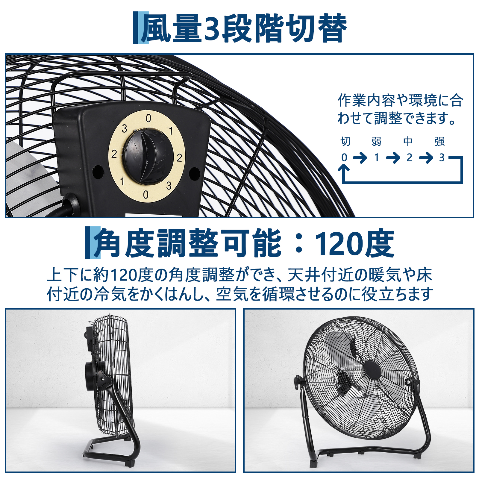 GarveeLife フロア工場扇 48cm 黒 首振り工業用扇風機 大型 - 画像 (3)