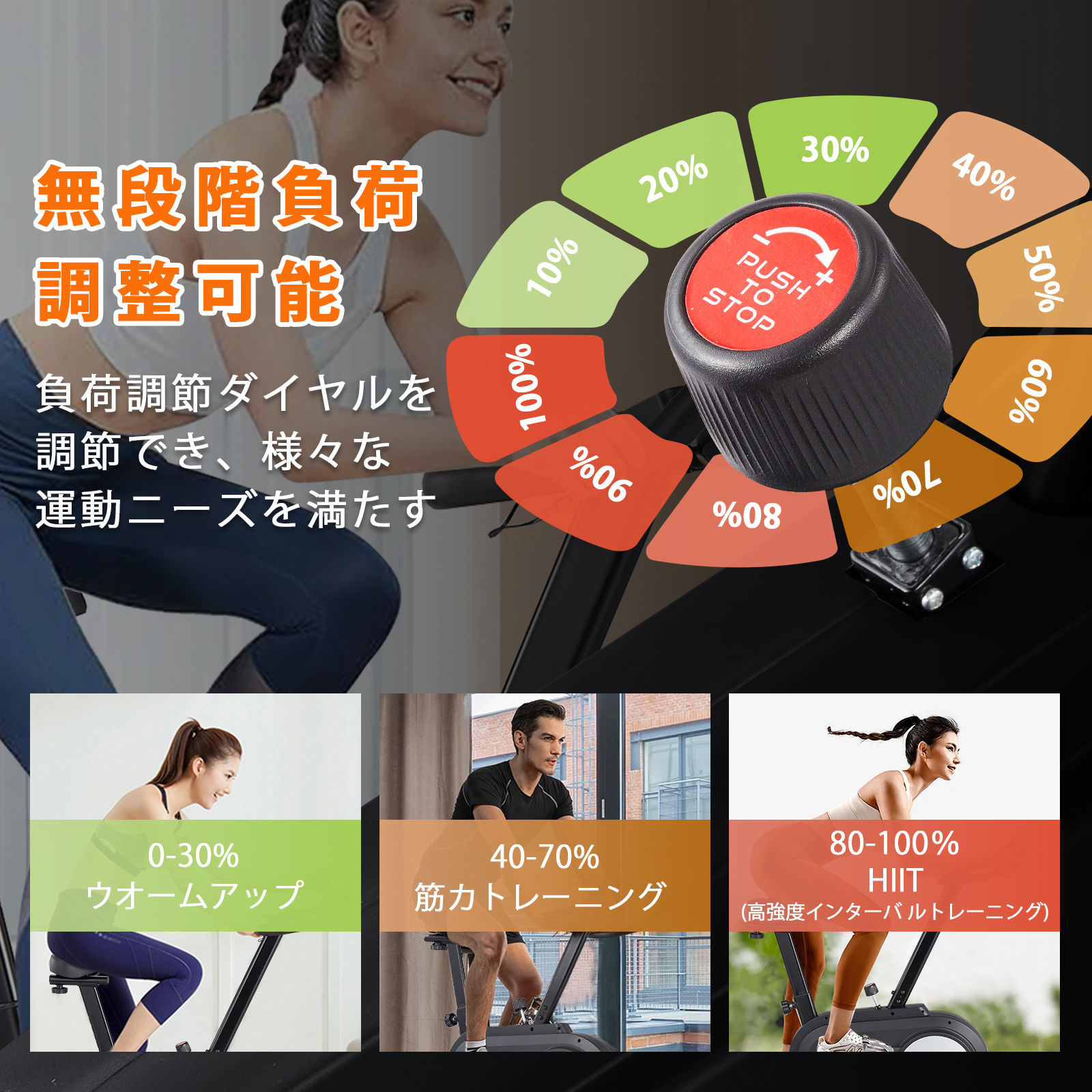 フィットネスバイク エアロバイク 家庭用 静音 スピンバイク エクササイズバイク 室内自転車トレーニング マグネット式 ダイエット健康器具 アプリ連動 データモニタリング 無段階調整 ブラック - 画像 (3)