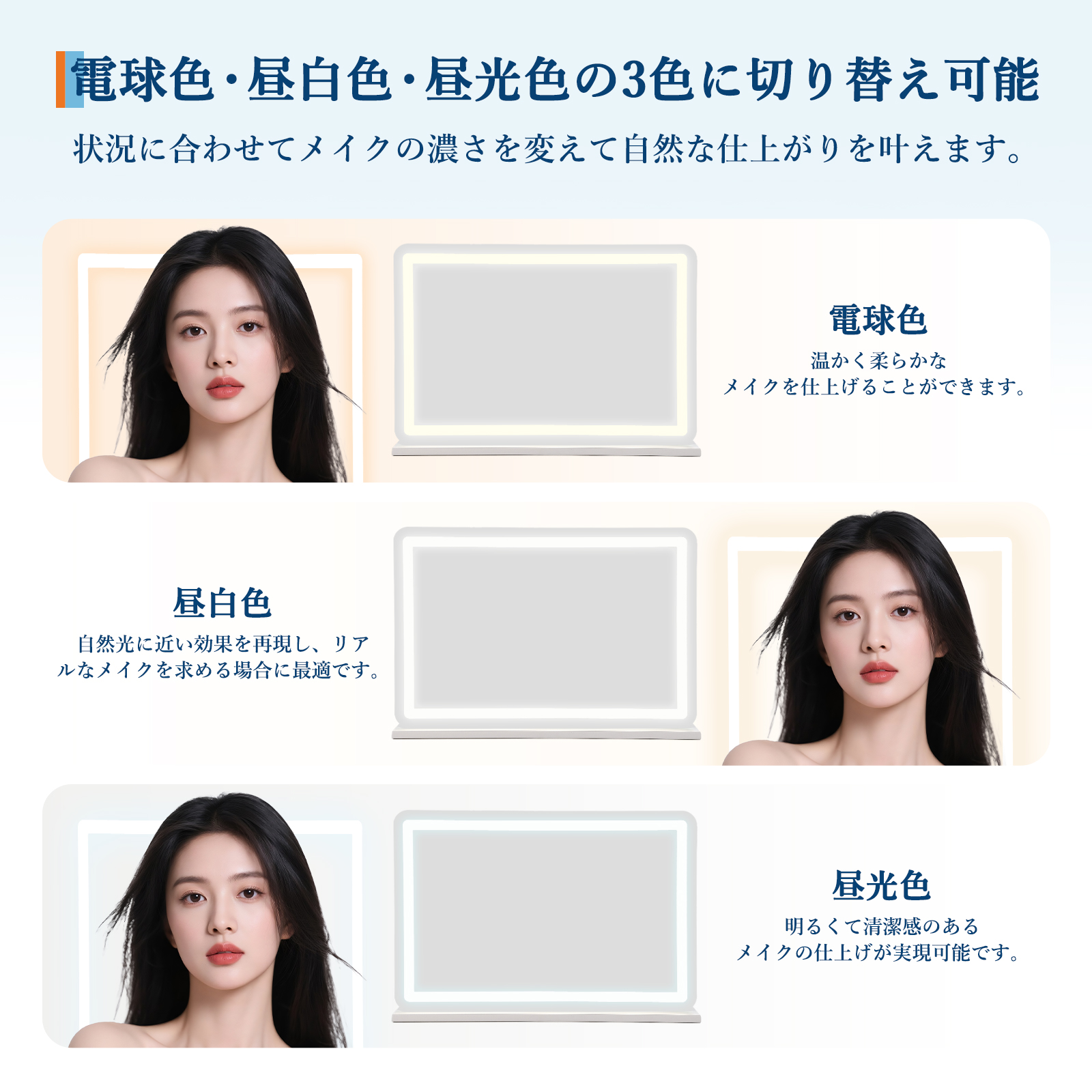 GarveeLife 女優ミラー ライト付き ハリウッドミラー 卓上 3サイズ 50*42cm 58*46cm 61*51cm 化粧鏡 10倍拡大 USBポート 明るさ調節 三色照明モード - 画像 (3)