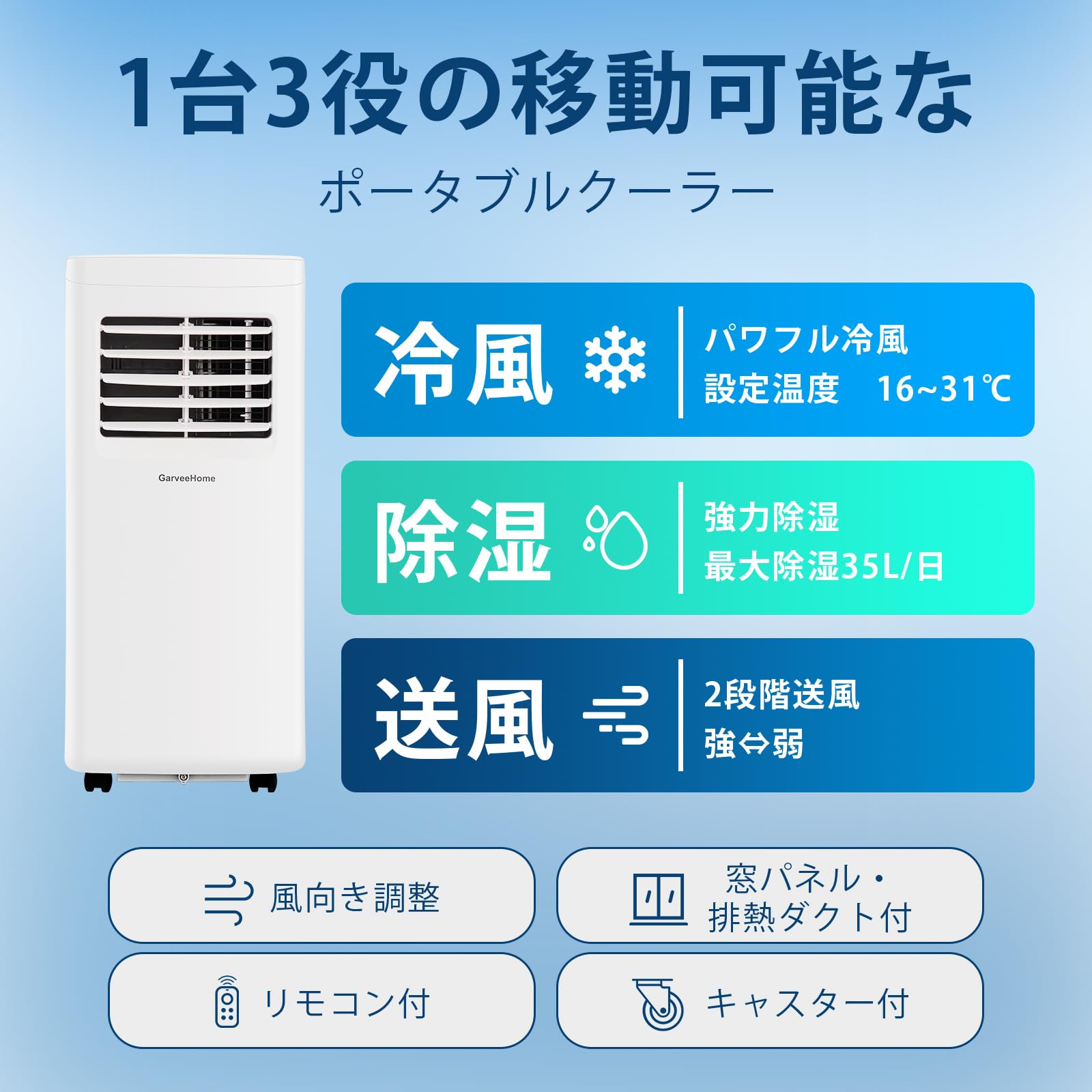 GarveeLife スポットエアコン 移動式エアコン 7~10畳 家庭用 ポータブルクーラー 工事不要 冷風 除湿 送風 ノンドレン - 画像 (3)