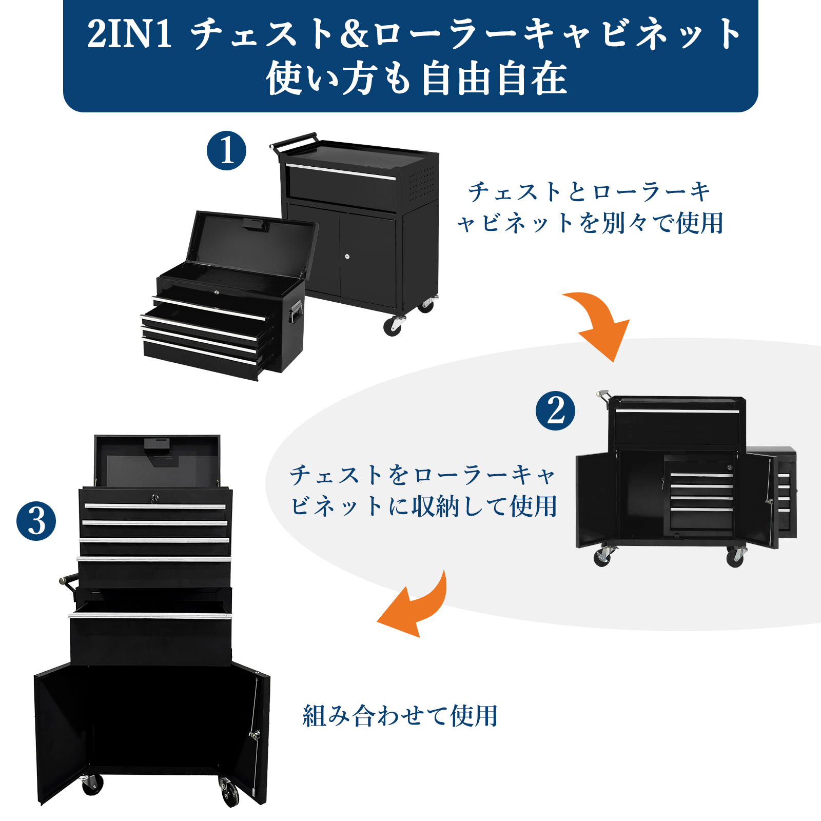 ツールチェスト 2in1 チェスト 7引き出し キャビネット 大型 チェストボックス - 画像 (2)