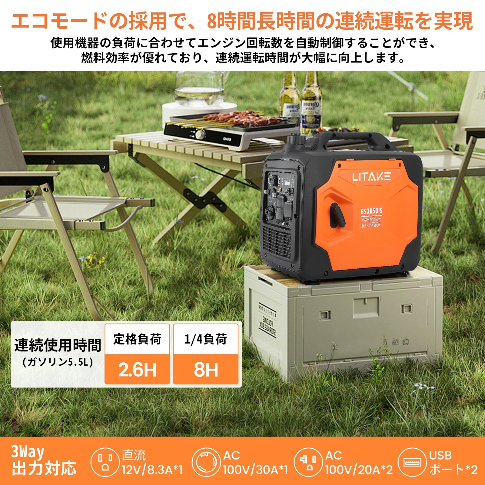 インバーター発電機 最大3500W高出力 防音型 正弦波 ガソリン発電機 定格出力3.05kVA 並列運転 50Hz/60Hz切替 - 画像 (3)