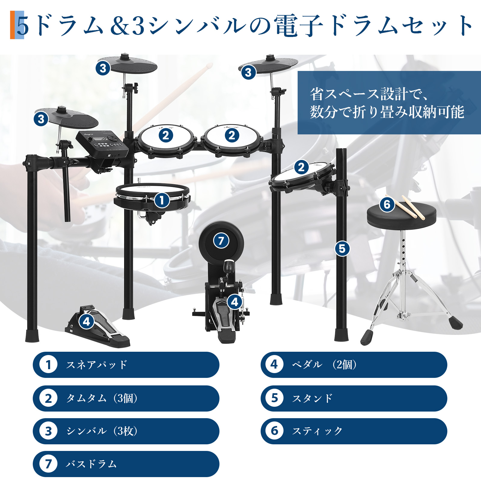 電子ドラム セット 折りたたみ 5ドラム 3シンバル 椅子 ヘッドフォン スティック付き 初心者 入門 - 画像 (2)