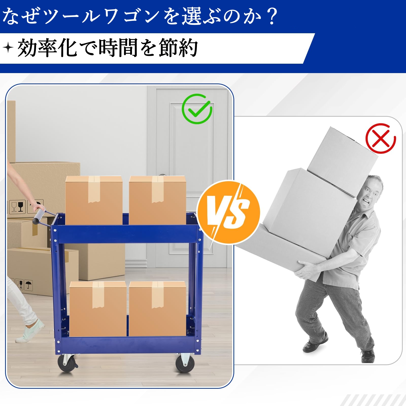 ツールカート キッチンワゴン 2段 静音キャスター付き 耐荷重250kg 工具収納 運搬台車 ガレージ ホテル - 画像 (4)
