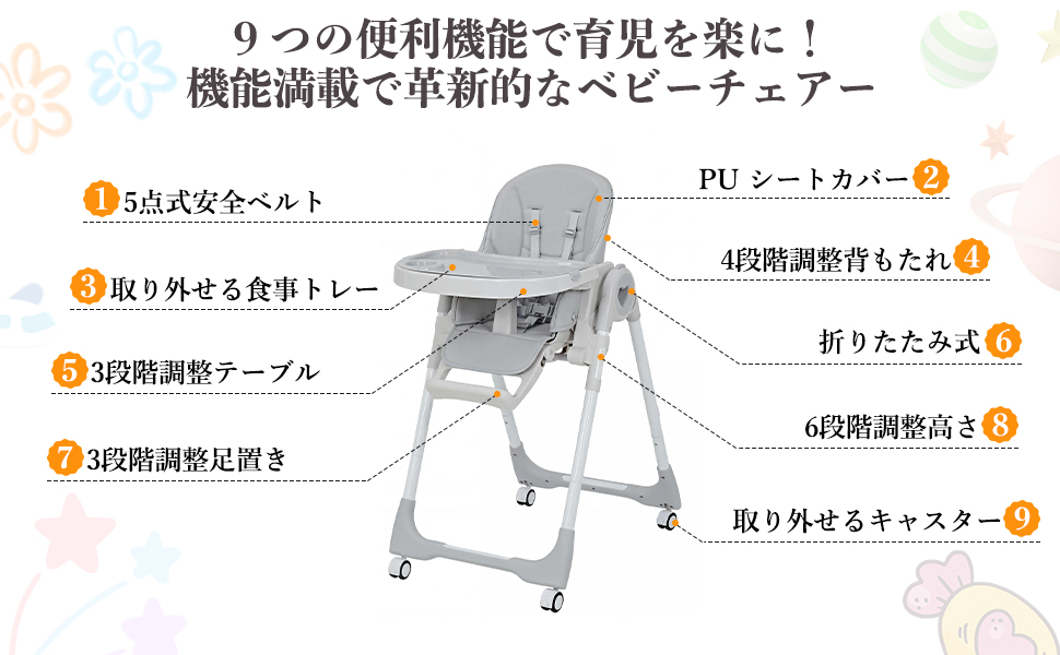 ベビーチェア ハイチェア&ローチェア ワンタッチ折りたたみ コンパクト 高さ調節可能 キャスター付 5点式ベルト 赤ちゃん食事 離乳食 出産祝い 6か月? YB-H1109 カーキ/グレー - 画像 (10)