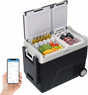 車載冷蔵庫 38L コンプレッサー式 -20℃~20℃ 急速冷凍 4Way電源対応 アプリ遠隔操作 バッテリー内蔵可能 2室独立温度制御 大容量 DC12V/24V AC100V 低電圧保護 静音 車載家庭両用 庫内灯付 車中泊 アウトドア LZ-B58