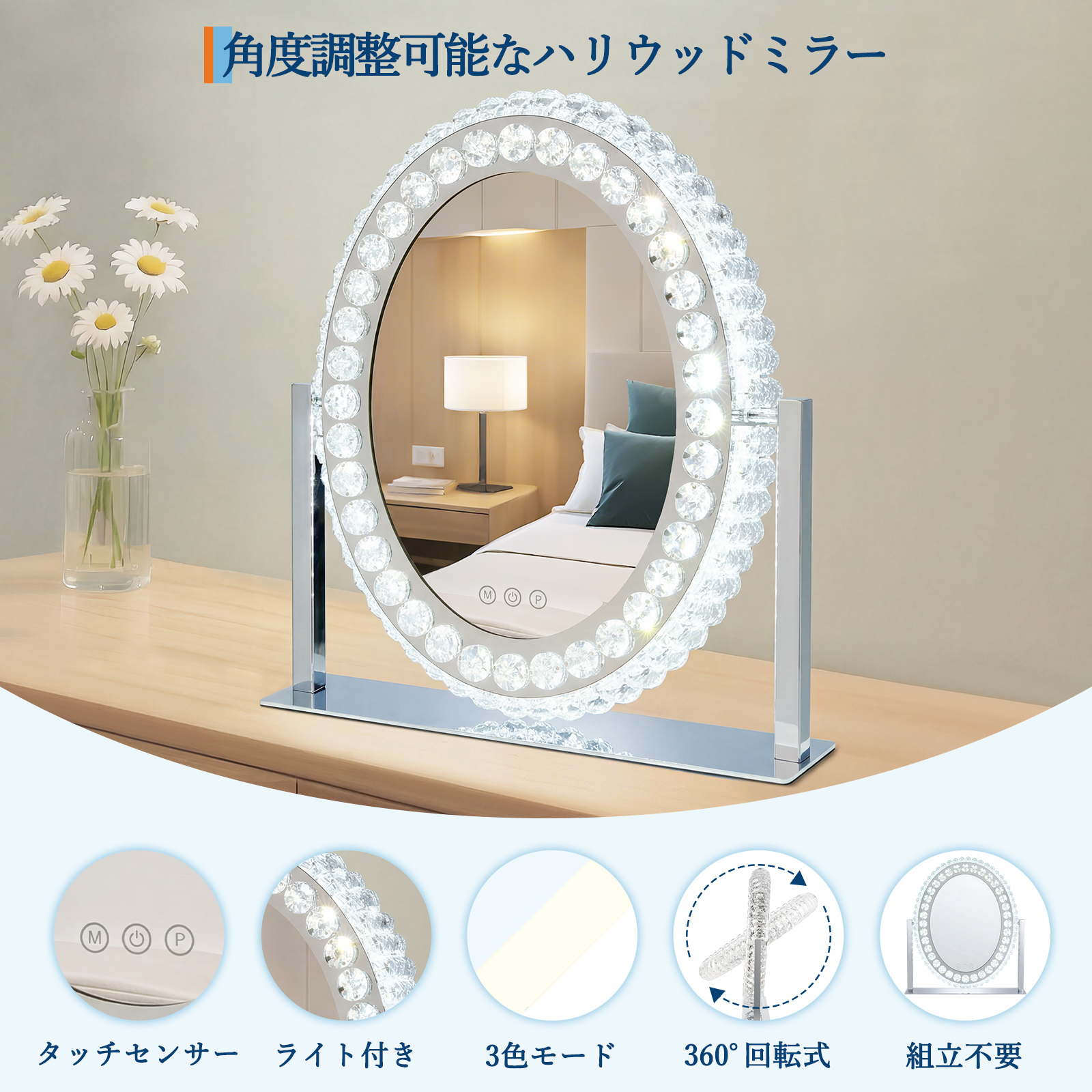 GarveeLife 女優ミラー ライト付き ハリウッドミラー 卓上 丸型 卓上鏡 鏡 化粧鏡 大きめ メイクミラー - 画像 (2)