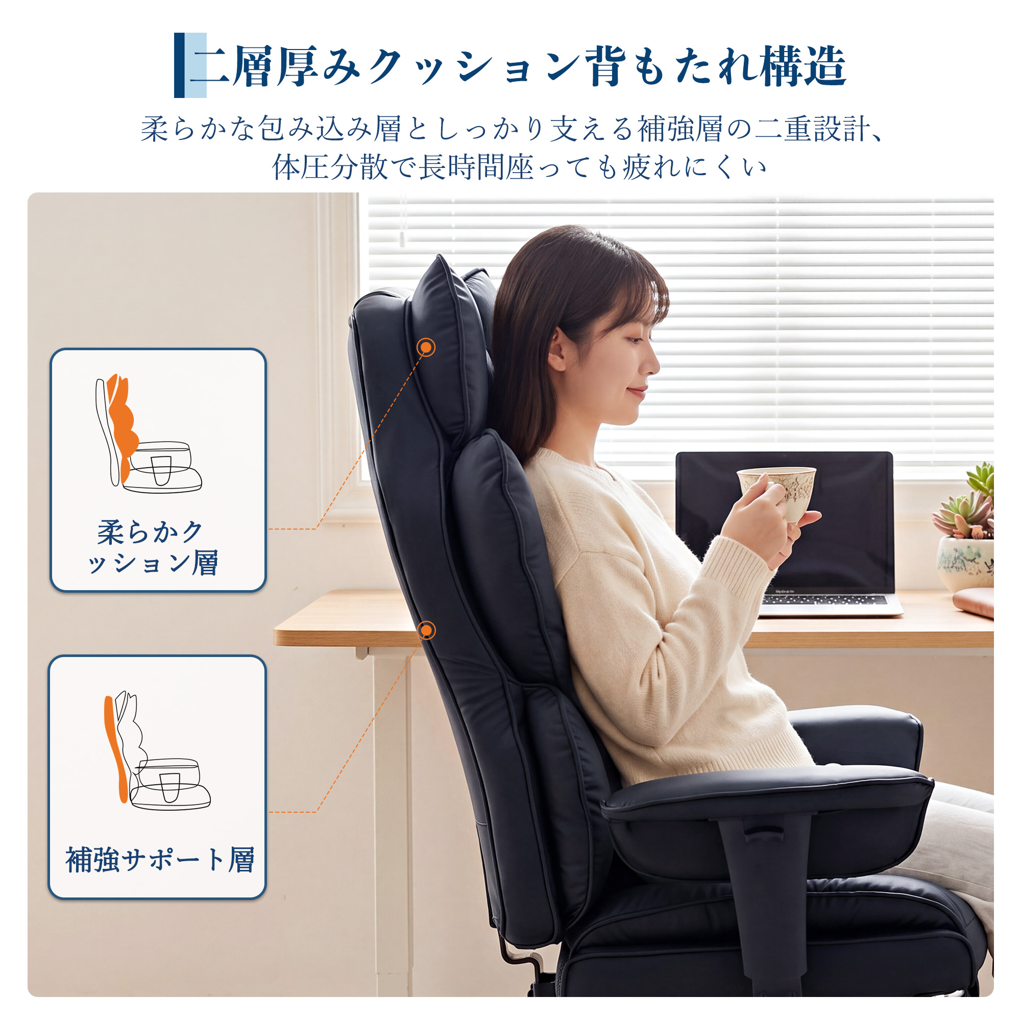 GarveeLife オフィスチェア レザー クッション リクライニング 回転 ゲーミングチェア 収納可能オットマン 肉厚クッション ポケットコイル 広幅座面 - 画像 (5)