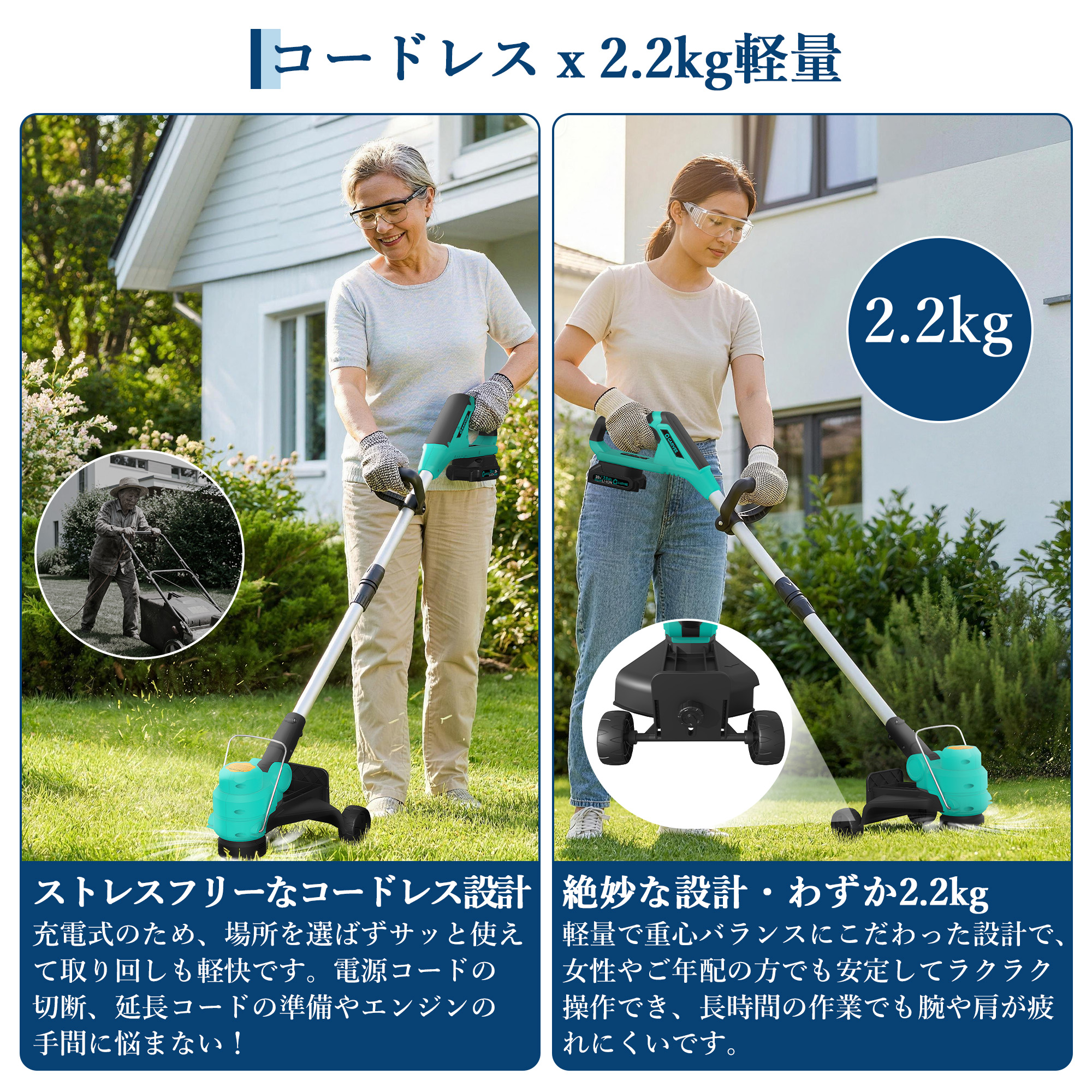 GarveeLife 草刈り機 充電式 コードレス ナイロンコード ワイヤー 草刈機 軽量 電動芝刈機 伸縮 角度調整 - 画像 (4)