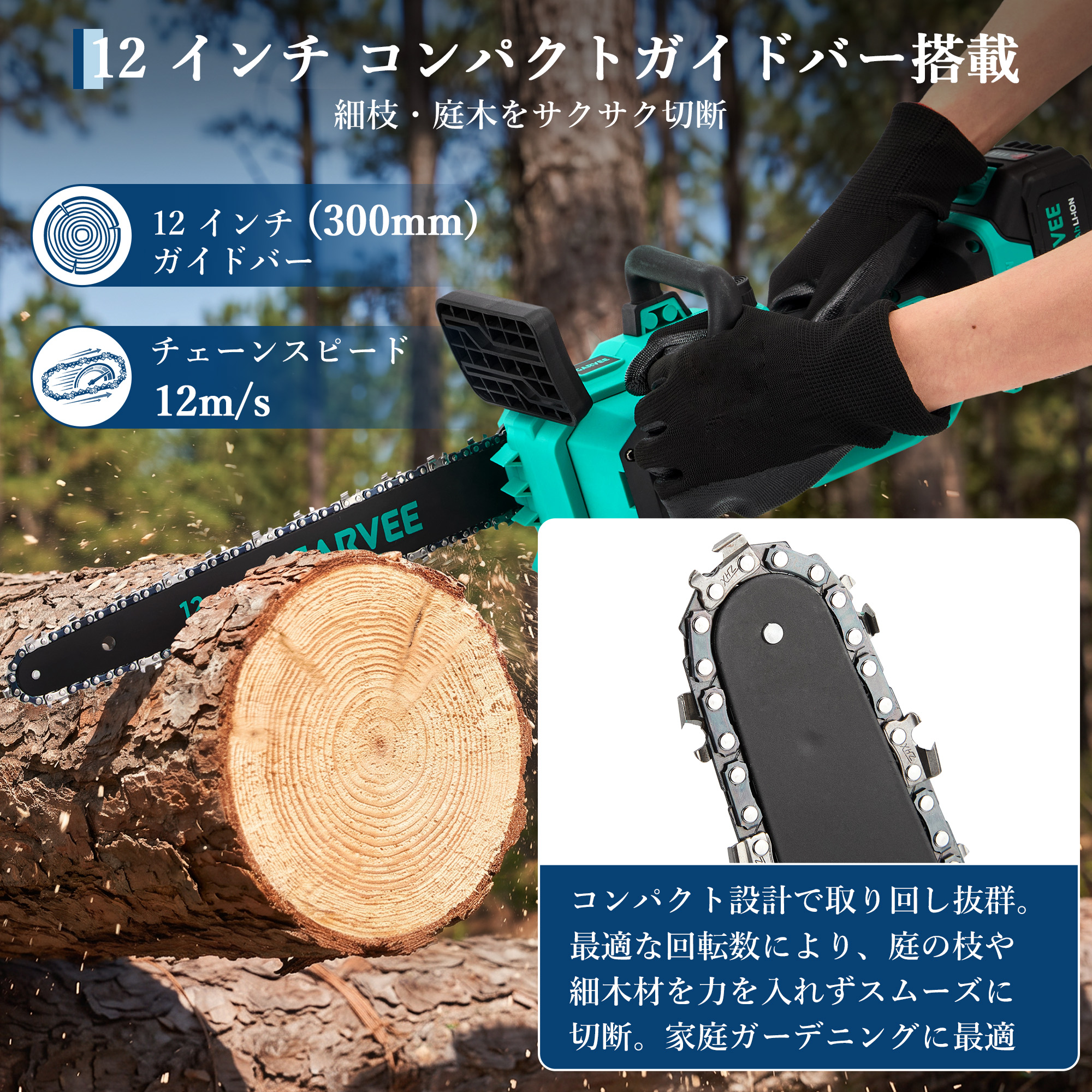 GarveeLife チェーンソー 充電式 電動ノコギリ コードレス ブラシレスモーター 大容量バッテリー 12インチ - 画像 (2)
