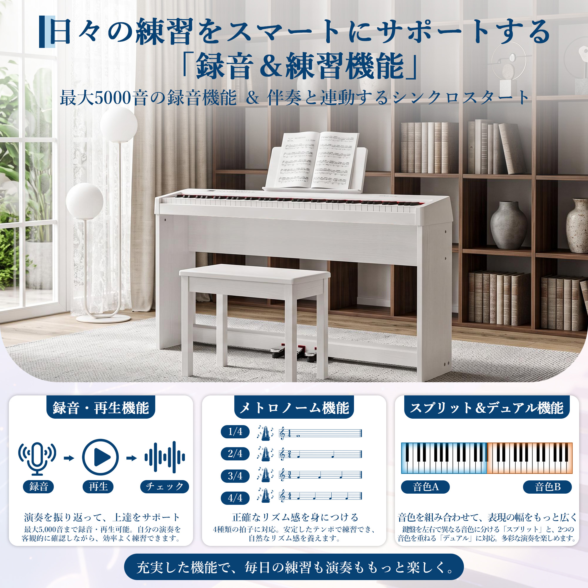 GarveeLife-電子ピアノ 88鍵盤 3本ペダル DREAM音源 MIDI対応 ヘッドホン対応 録音機能 再生機能 - 画像 (7)